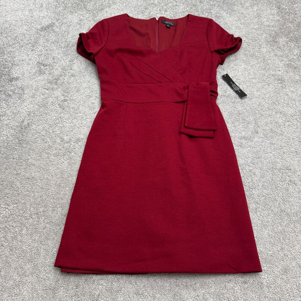 Tahari Arthur S Levine Short Sleeve Tie Waist Sheath Dress Womens 6 Red Work NWT
